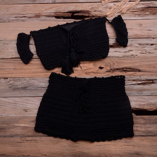 2020New Fashion Beach Bikini Set Knitting Swimsuit Crochet Bohemia Style Off Shoulder Bathing Handmade Tassels Sexy Bikini Bra - Image 4