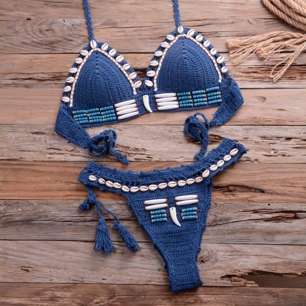Sexy Blue Shell Beaded Bikinis Set Handmade Crochet High Quality Swimsuit Women Push Up Swimwear Knitted Beach Wear Bathing Suit - Image 3
