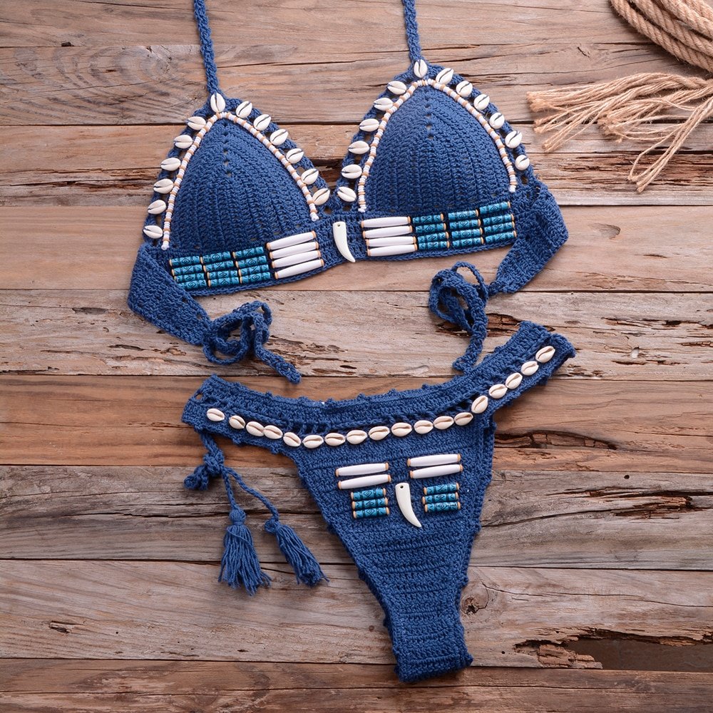 Sexy Blue Shell Beaded Bikinis Set Handmade Crochet High Quality