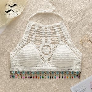 Crochet sexy bikini top Halter women's swimsuit female Padded Tassel white bikini 2020 Hollow out bathing suit knitted bathers