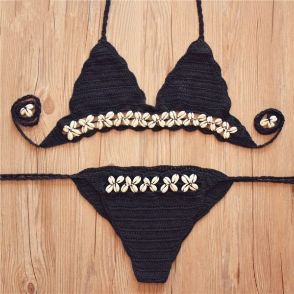 Super sexy micro crochet bikini with shell white black thong bikini swimwear handmade crochet swimsuit knitting bathing suit - Image 3