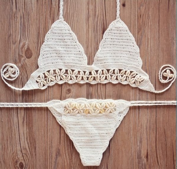 Super sexy micro crochet bikini with shell white black thong bikini swimwear handmade crochet swimsuit knitting bathing suit - Image 4