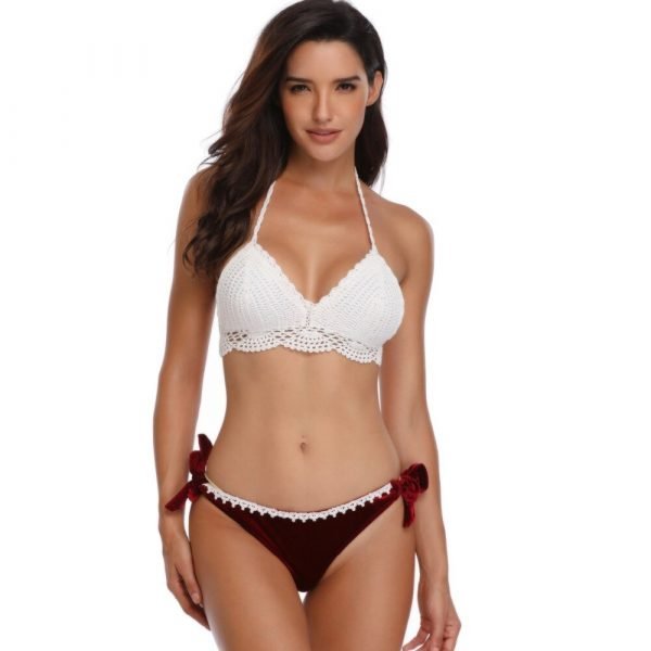 White Crochet Bandage Bikini Top/Velvet Brazilian Swimwear Red/Blue Bottom Knitting Women Bikinis Set Two Pieces Swimming Suits - Image 2