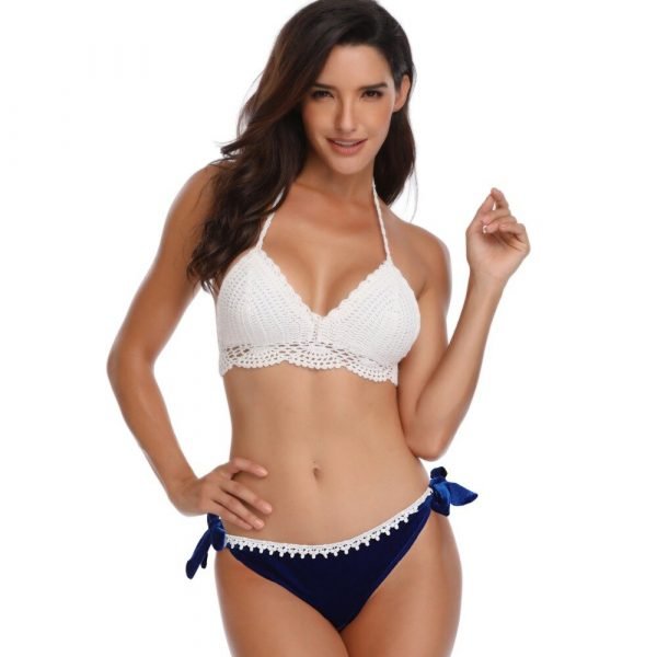 White Crochet Bandage Bikini Top/Velvet Brazilian Swimwear Red/Blue Bottom Knitting Women Bikinis Set Two Pieces Swimming Suits - Image 6