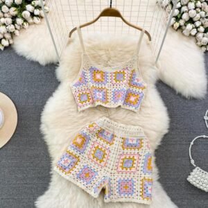 New 2023 Summer Women Beach Fashion Knitted Crochet Suit